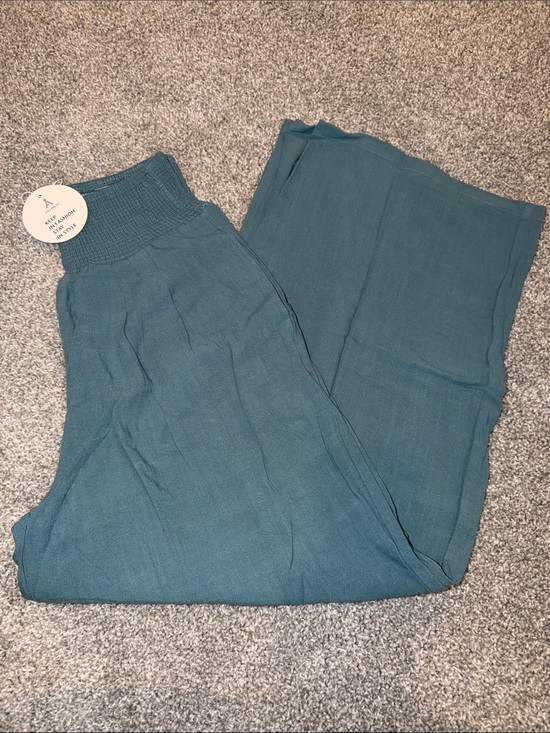 anrabess Pants - High-Rise Wide-Leg Knit Pants in Teal with Smocked Waist